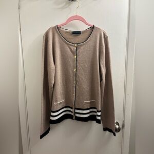 Karen Scott Brown Cardigan with Black and White Stripes